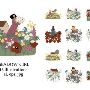 wildflower background clipart, woman illustration card