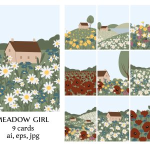 wildflower background clipart, cottagecore landscape card