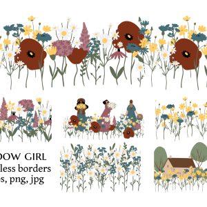 wildflower border clipart, cottagecore woman illustration