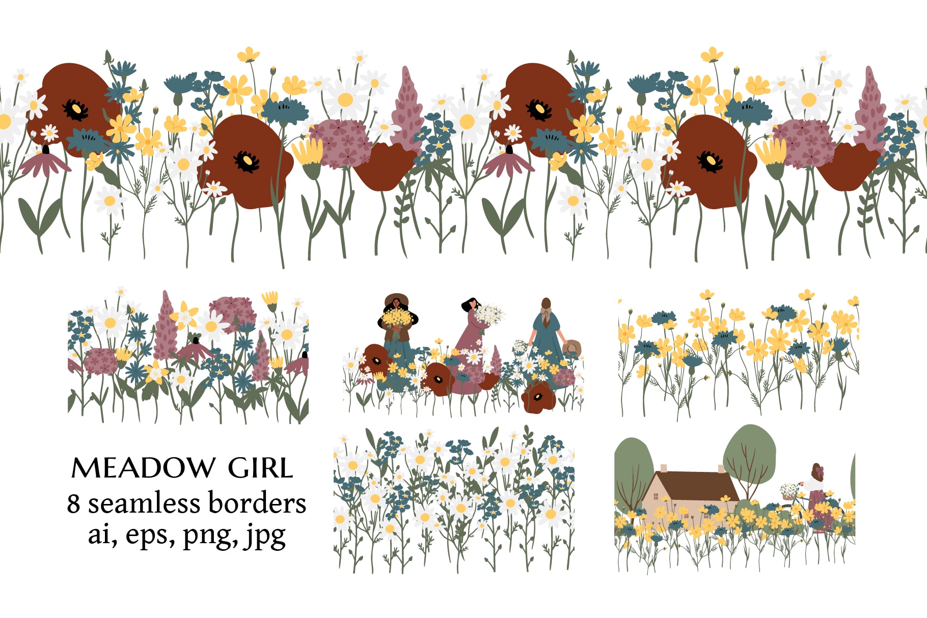 wildflower border clipart, cottagecore woman illustration