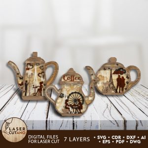 Teapots Cut Files, Kitchen Laser Cut Decoration, Table