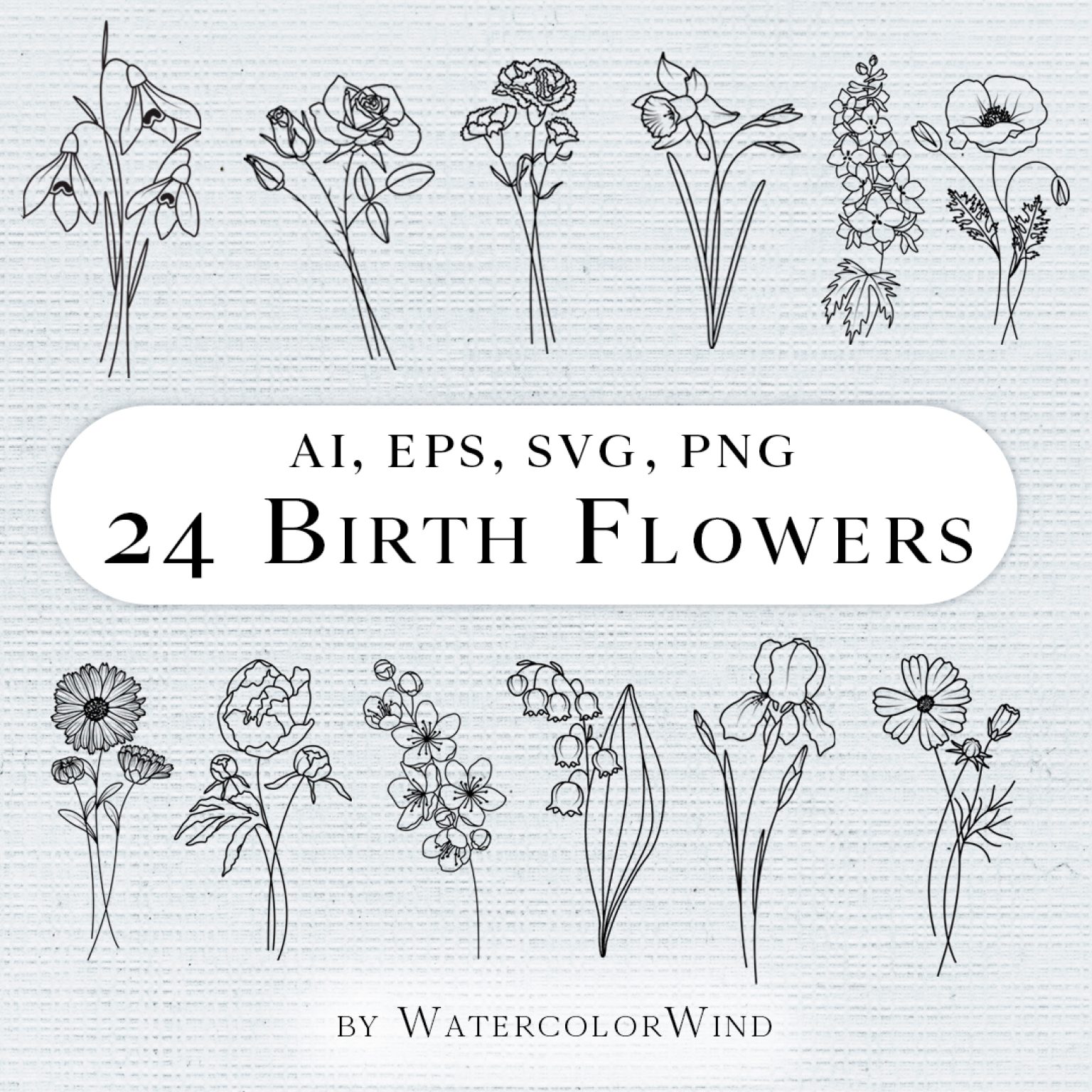Birth month flower outline floral vector bundle clipart - Crealandia