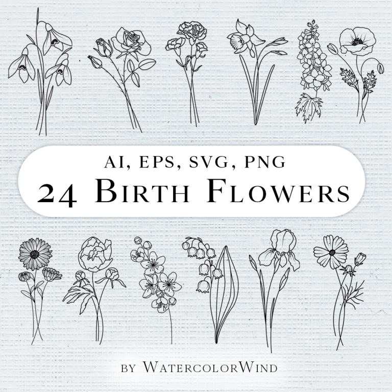 Birth month flower outline floral vector bundle clipart - Crealandia