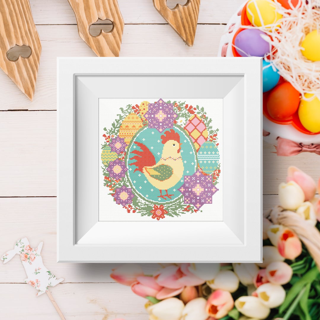 Easter Spring Rooster cross stitch PDF pattern for home decor 1 Spring Easter Rooster with a wreath of spring flowers and Easter eggs cross stitch PDF pattern created for Creative cross stitch shop for cozy home decor and gift