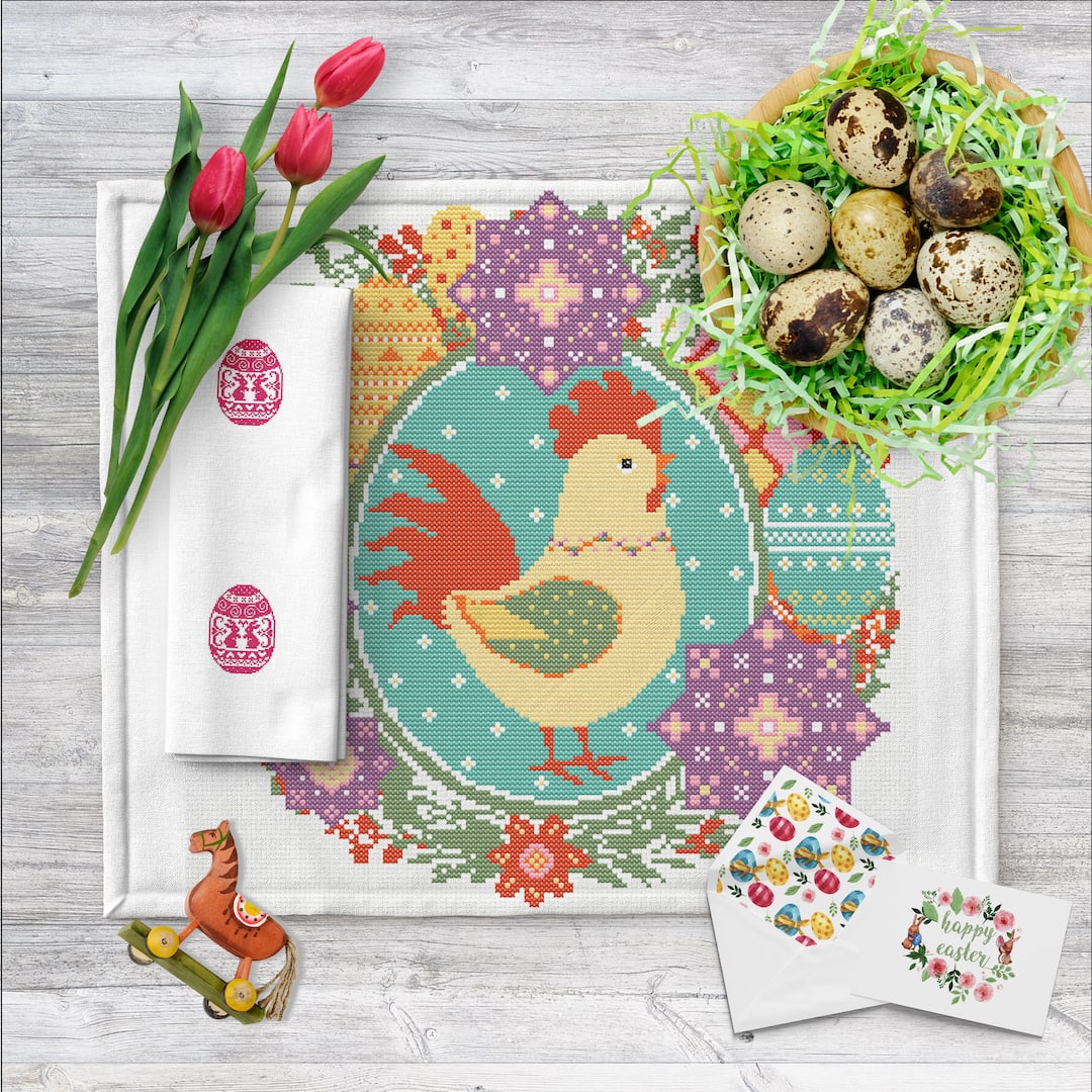 Easter Spring Rooster cross stitch PDF pattern for home decor 4 Spring Easter Rooster with a wreath of spring flowers and Easter eggs cross stitch PDF pattern created for Creative cross stitch shop for cozy home decor and gift