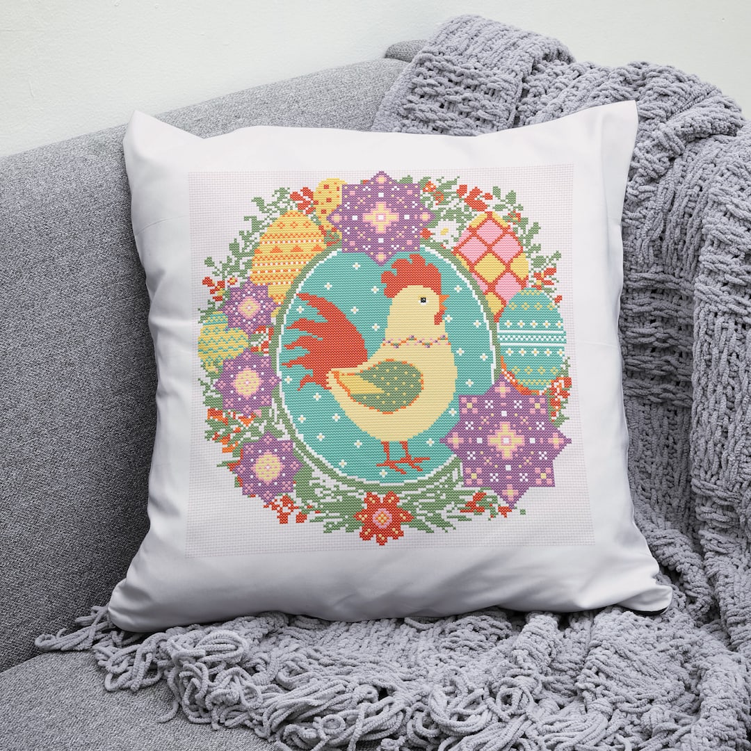 Easter Spring Rooster cross stitch PDF pattern for home decor 6 Spring Easter Rooster with a wreath of spring flowers and Easter eggs cross stitch PDF pattern created for Creative cross stitch shop for cozy home decor and gift