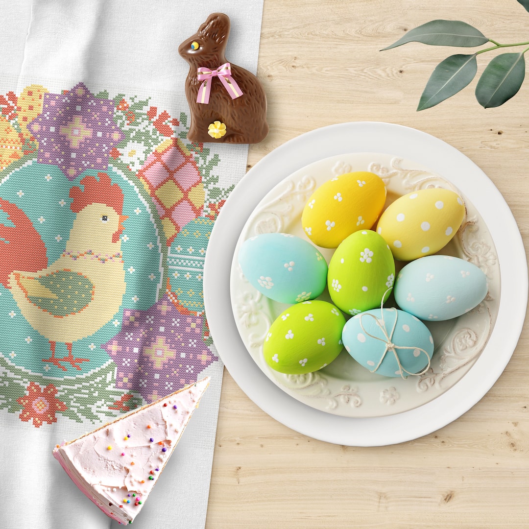 Easter Spring Rooster cross stitch PDF pattern for home decor 7 Spring Easter Rooster with a wreath of spring flowers and Easter eggs cross stitch PDF pattern created for Creative cross stitch shop for cozy home decor and gift
