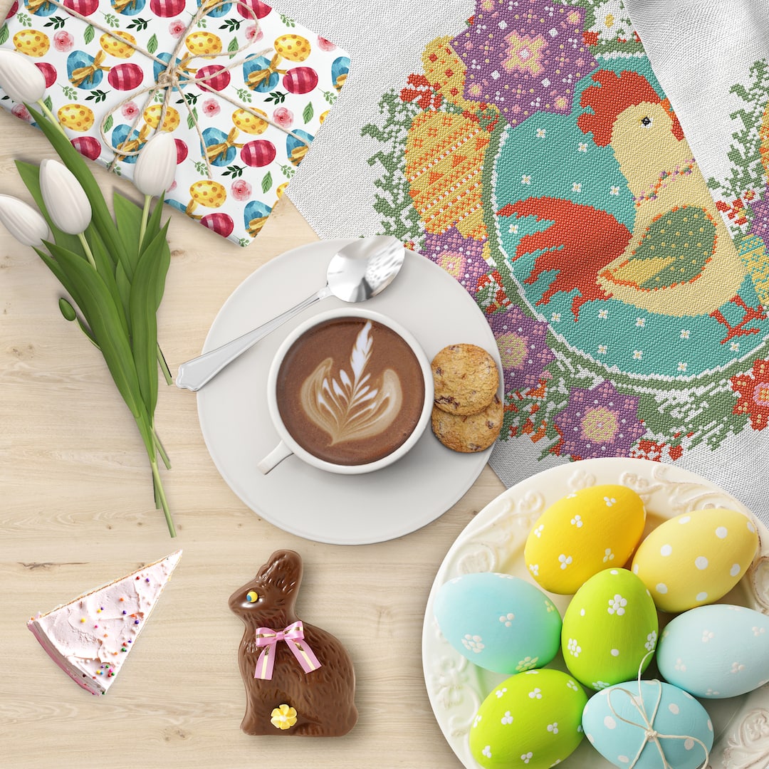 Easter Spring Rooster cross stitch PDF pattern for home decor 8 Spring Easter Rooster with a wreath of spring flowers and Easter eggs cross stitch PDF pattern created for Creative cross stitch shop for cozy home decor and gift