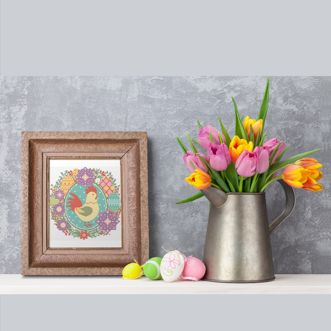 Easter Spring Rooster cross stitch PDF pattern for home decor 5 Spring Easter Rooster with a wreath of spring flowers and Easter eggs cross stitch PDF pattern created for Creative cross stitch shop for cozy home decor and gift