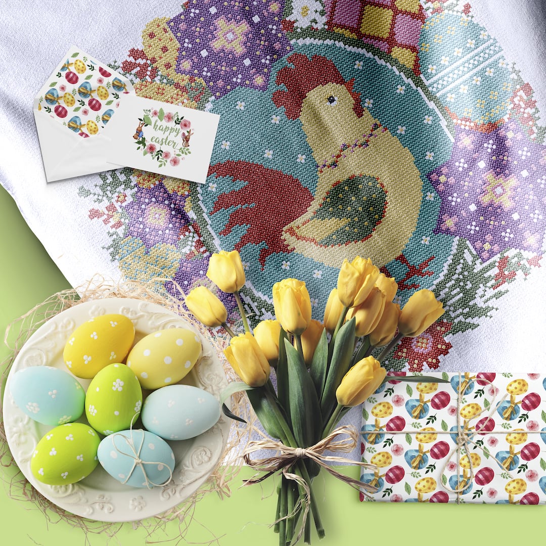 Easter Spring Rooster cross stitch PDF pattern for home decor 13 Spring Easter Rooster with a wreath of spring flowers and Easter eggs cross stitch PDF pattern created for Creative cross stitch shop for cozy home decor and gift