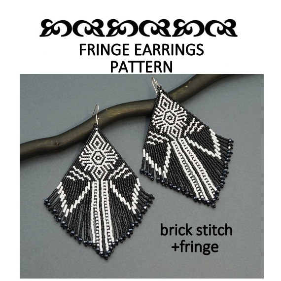 Black and White Fringe Beaded Earrings Pattern, Brick Stitch