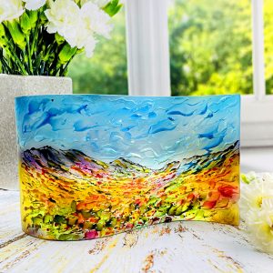 Glass Wave Art Stained Glass Mountains Painted Glass Panel Window Sill Art
