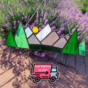 Stained Glass Mountains Suncatcher, FAST Free Shipping