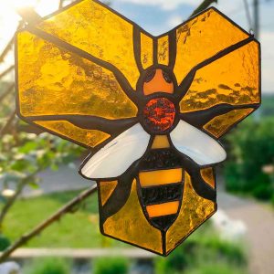 Stained Glass Bee Honeycomb Suncatcher, Fast Free Shipping