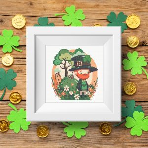 Leprechaun with spring flowers, shamrock and hamlet St Patrick day cross stitch digital printable A4 PDF pattern for home decor and gift