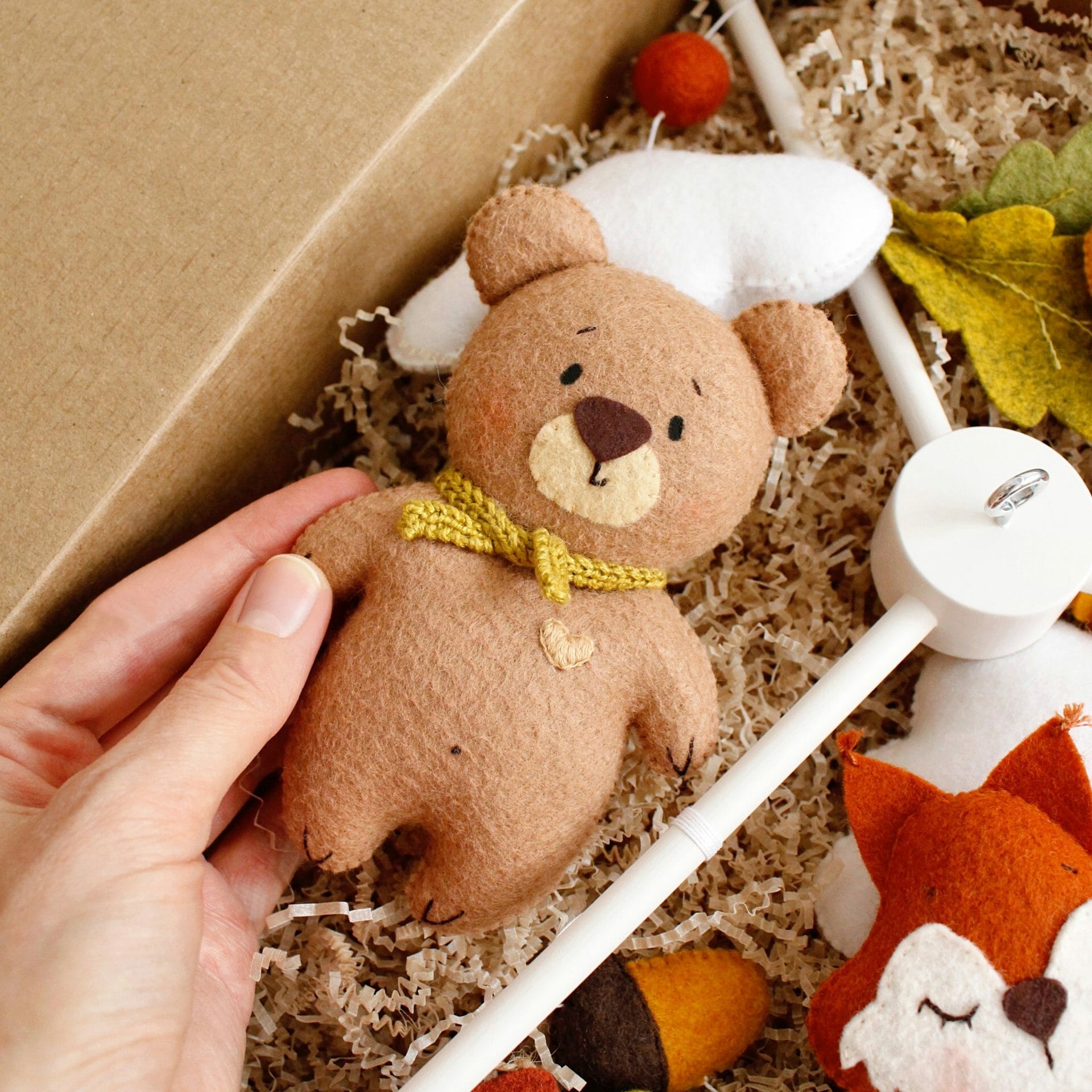 Forest felt baby crib mobile with squirrel, bear and hedgehog in the box