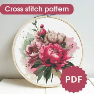 Peonies cross stitch pattern, printable chart PDF