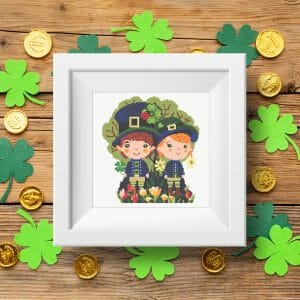 Couple of leprechaun children in spring garden with tulips and shamrocks St Patrick’s day cross stitch digital printable A4 PDF pattern for home decor and gift