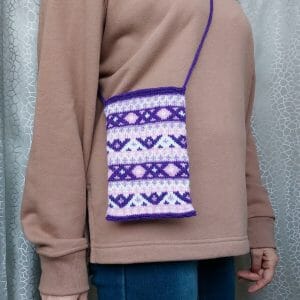 Knitted Purple Phone or Document Case with Jacquard Pattern, handbag around the neck