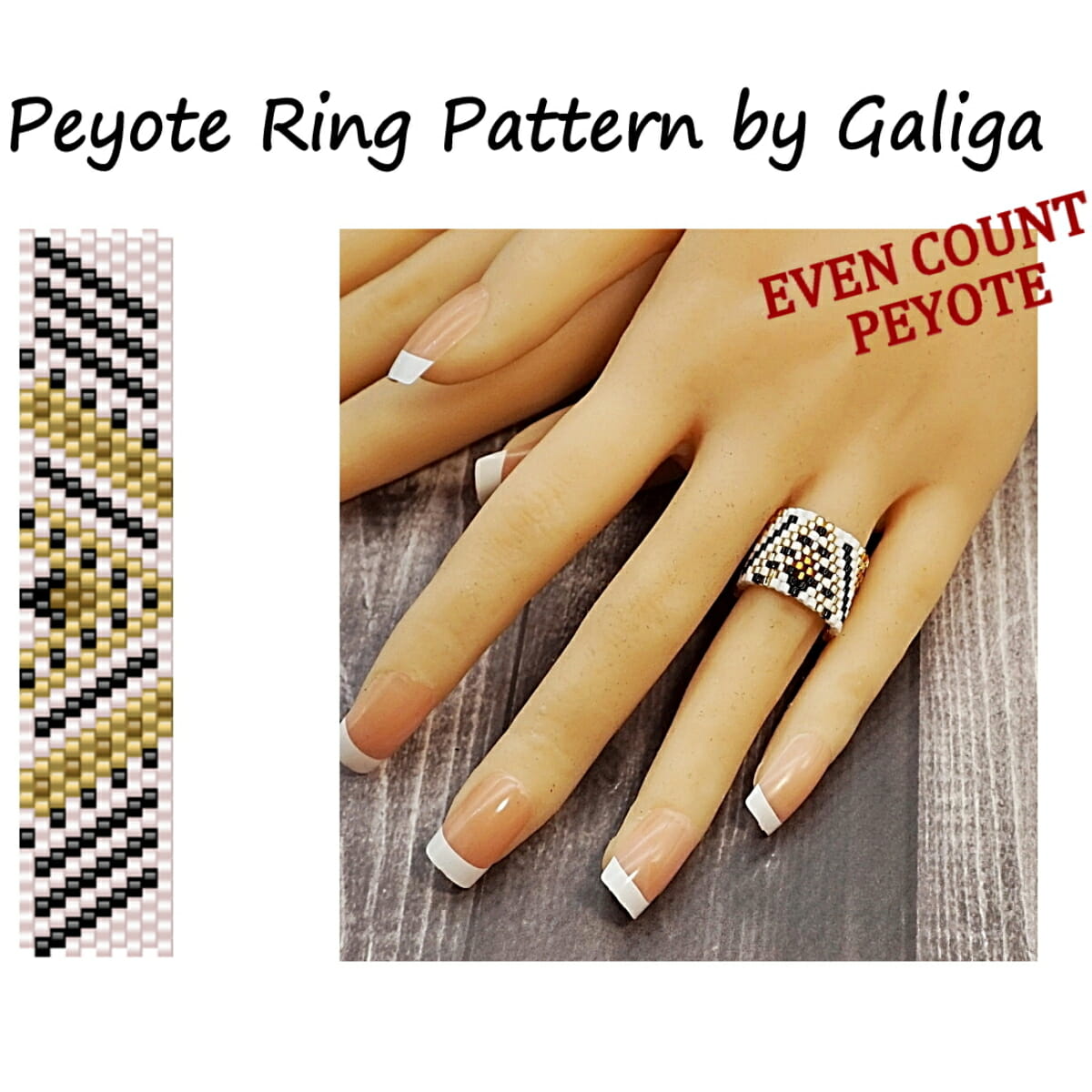 Gold seed bead ring pattern even count peyote beading