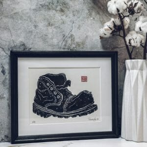 linocut print long walk with frame