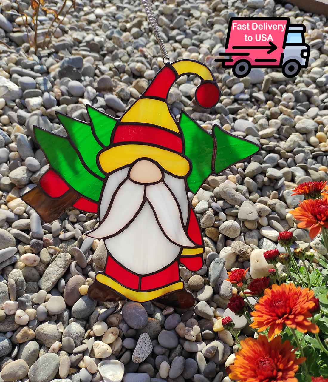 Stained Glass Gnome Suncatcher, Christmas Tree