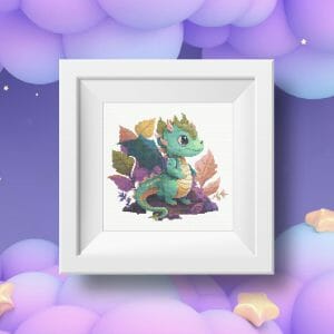 Cute Emerald green baby dragon against a backdrop of fantastic purple plants symbol of 2024 lunar Chinese eastern New year cross stitch digital printable A4 PDF pattern cross stitch chart embroidery chart for home decor and gift