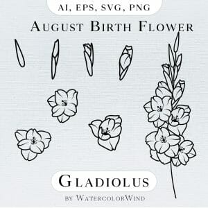 Gladiolus birth flower line illustrations svg ai eps png format files for instant download