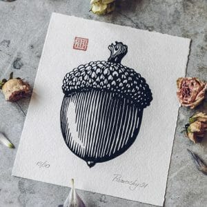 linocut print acorn oak