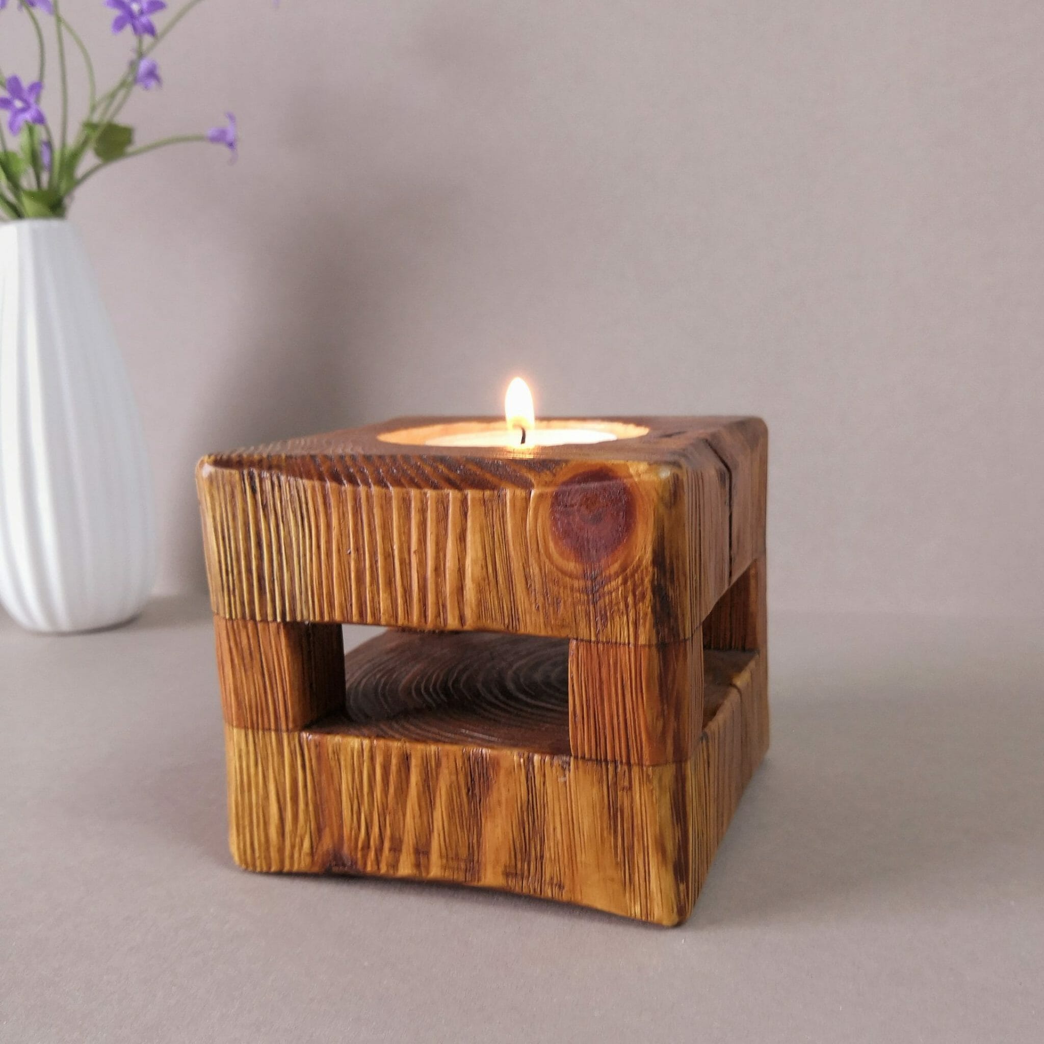 Wooden square candle holder. Cute rustic candle holder 1
