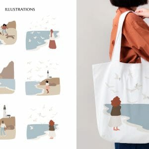 Coastal illustration, Woman on beach digital download