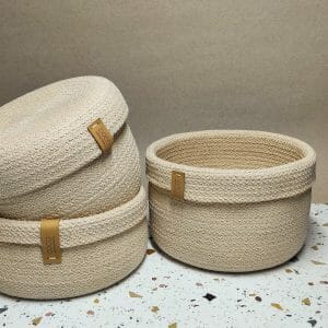 set of three cream soft rope baskets for home decor