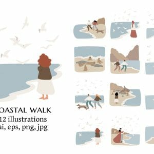 Handmade Marketplace 541 Coastal illustration, Woman on beach digital download