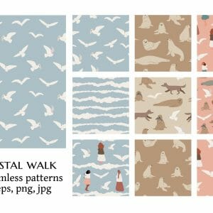 Coastal seamless pattern, Flying seagull digital paper