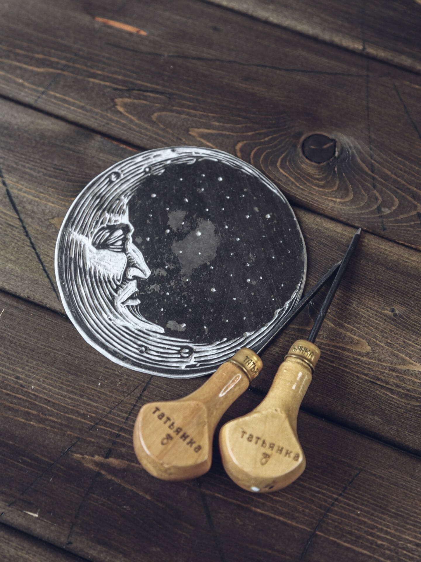 handmade printing plate of linocut moon crescent