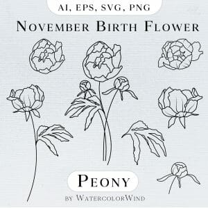 Peony birth month flower line vector illustrations for instant download
