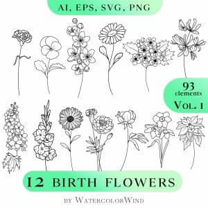 Birth Month Flowers Line Illustrations Vol 1 Vector Set
