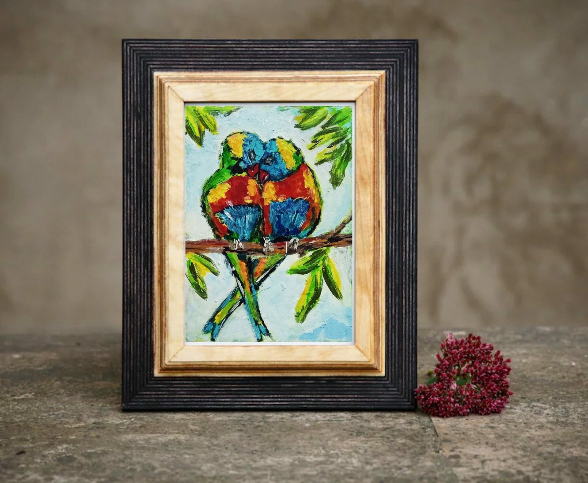 Parrots Painting Two Parrots Original Art in frame 2