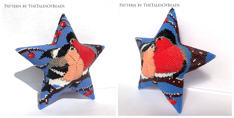 Peyote Star Pattern Bullfinches - Beaded Star Winter Birds Seed Bead Ornament 7 peyote star pattern bullfinches