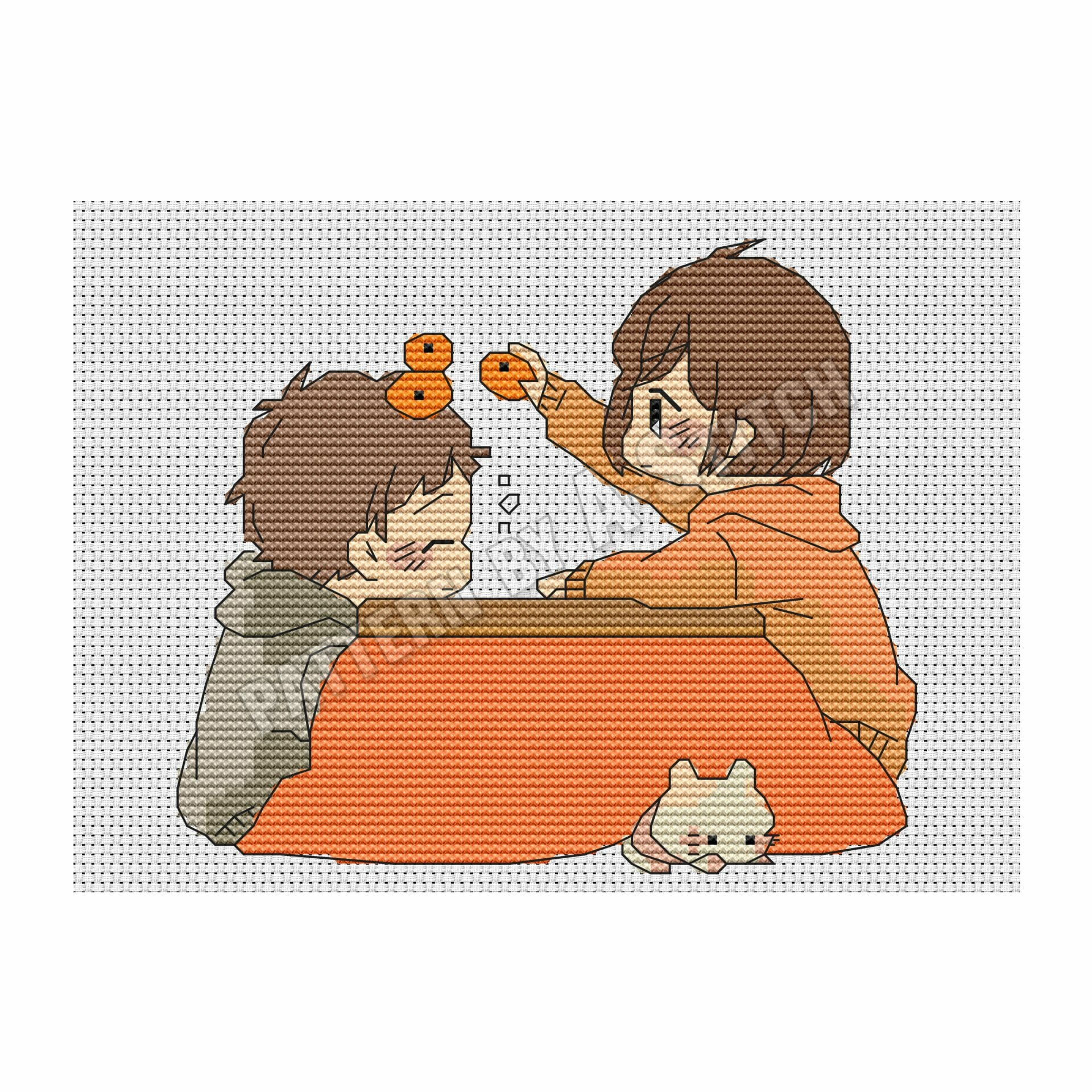 Anime cross stitch pattern Original Kotatsu