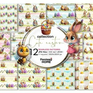 Cute spring easter seamless pattern rabbit eggs kid baby scrap