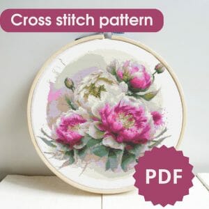 Peony bouquet cross stitch pattern, printable chart PDF