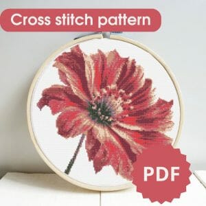 Red flower cross stitch pattern, printable chart PDF