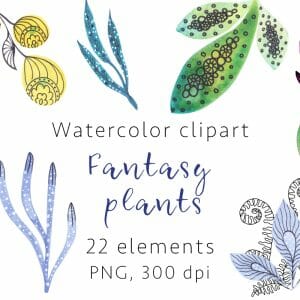 Fantasy plants Watercolor Clipart, PNG