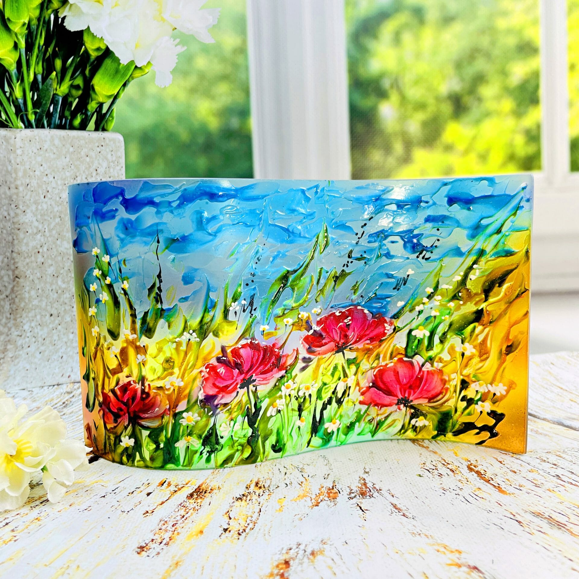 Glass Wave Art Stained Glass Flowers Painted Glass Panel Window Sill Art Crealandia