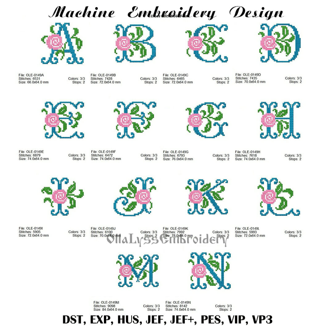 Cross Stitch Rose Font machine embroidery designs 5 rose monogram font all designs