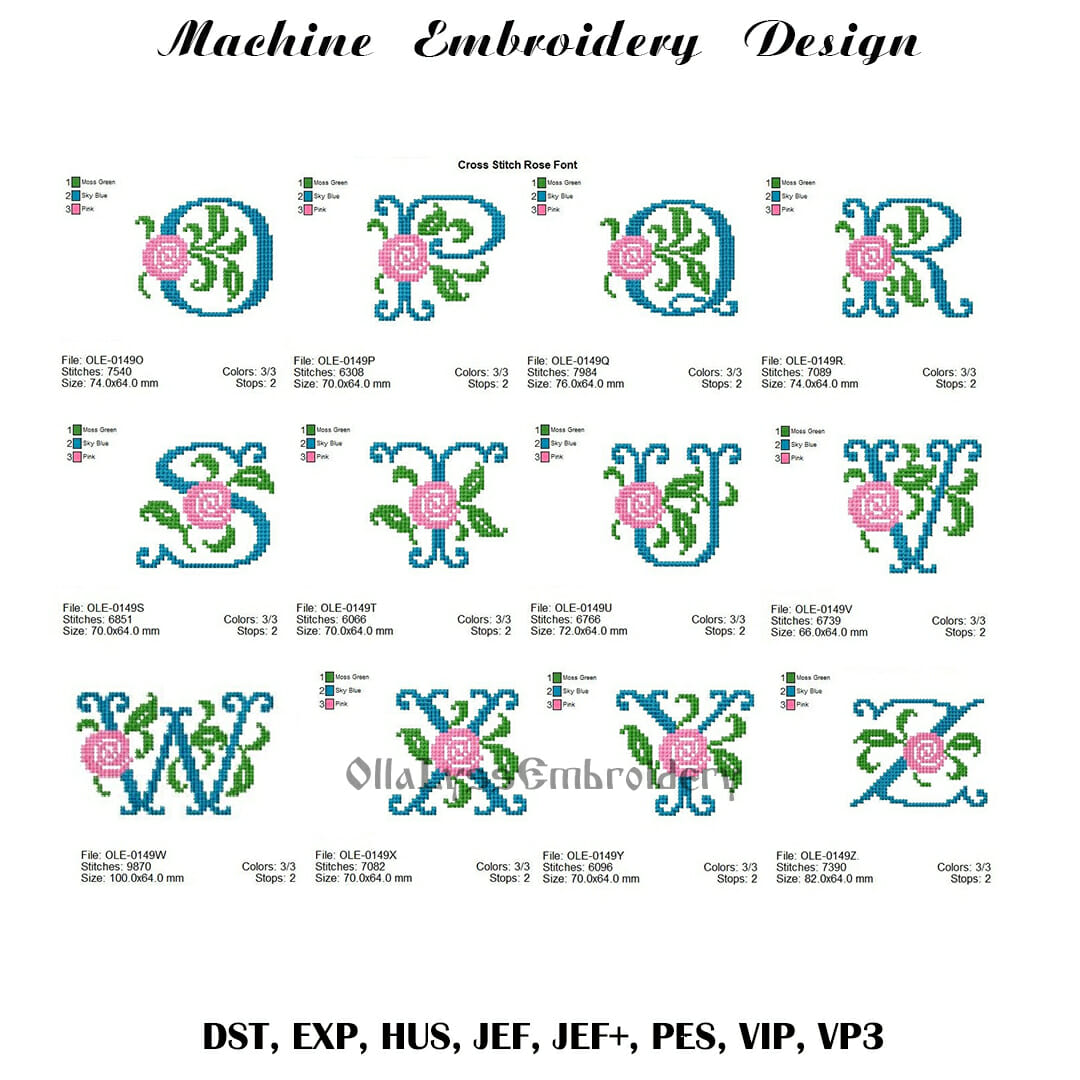Cross Stitch Rose Font machine embroidery designs 6 rose monogram font size