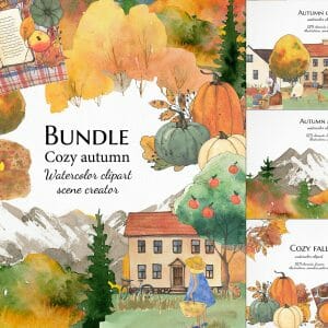 Watercolor cozy autumn bundle, fall illustration
