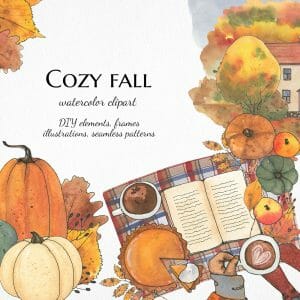 Watercolor cozy autumn bundle, fall illustration