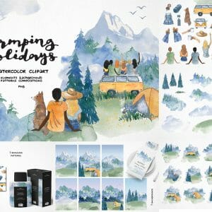 Adventure travel clipart bundle, Watercolor summer set